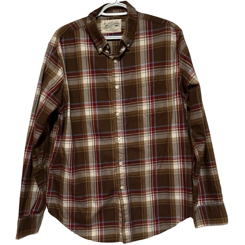 Narragansett Traders Men's Long Sleeve Button Down‎ Brown Red Plaid Shirt Size L